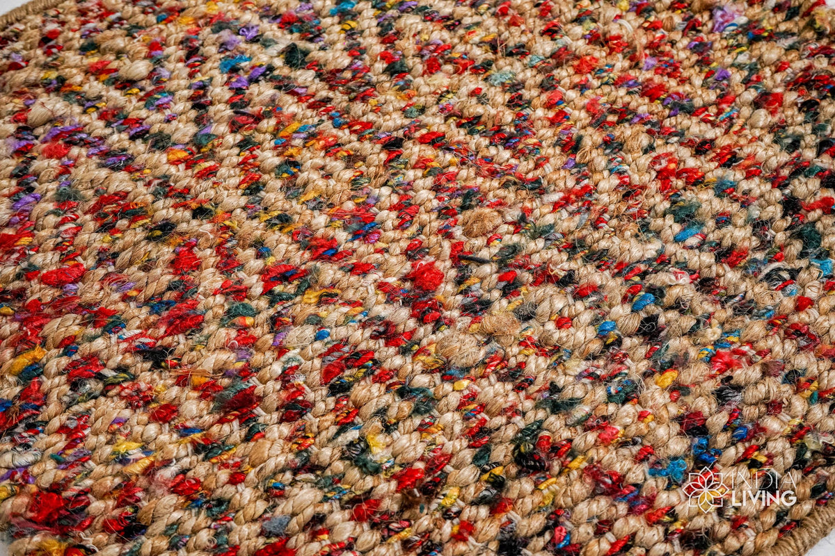Natural jute diamond rug under a coffee table