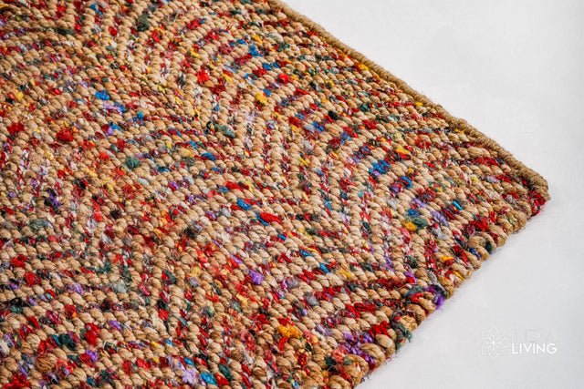 Natural multicolour ripple ribbed jute rug, flat lay view