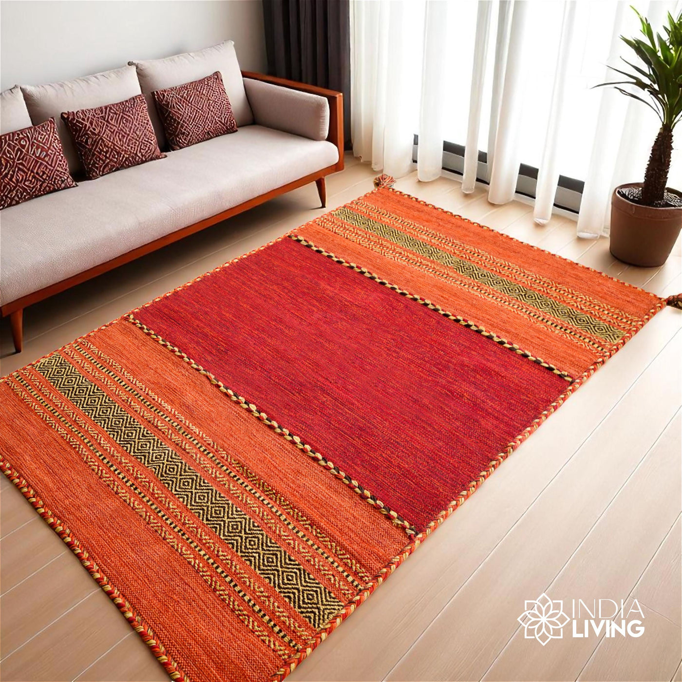 Red kilim cotton chenille rug, flat lay view