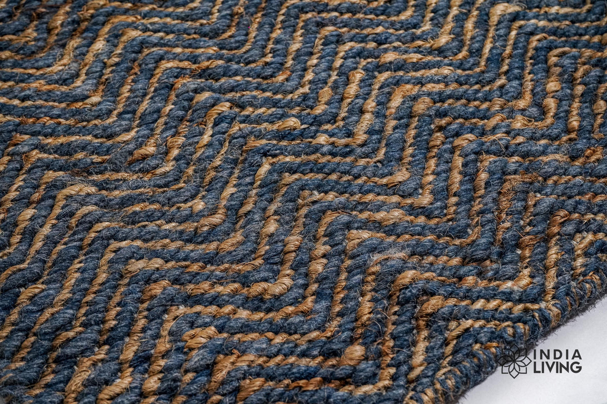 Bluish grey herringbone handwoven flatweave rug, full flat view