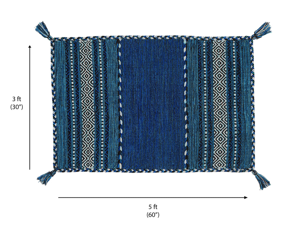 Blue Kilim Rug, Moroccan Inspired Ethnic Decor Bohemian Indian Handmade Flat weave carpet