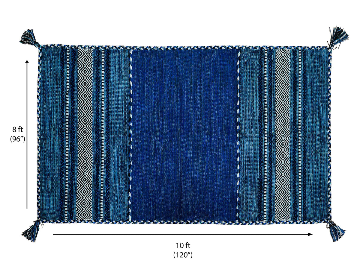 Overhead view of blue cotton chenille kilim rug