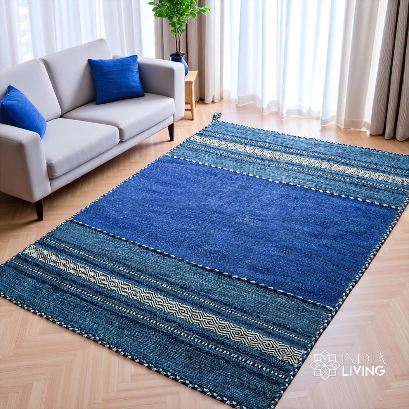 Blue cotton chenille kilim rug, full flat view