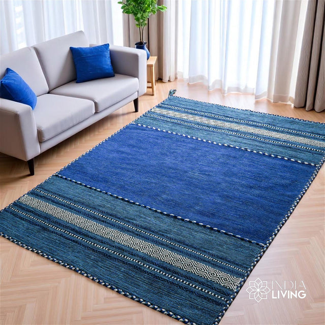 Blue cotton chenille kilim rug, full flat view