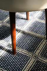 Close-up of blue geometric wool rug texture