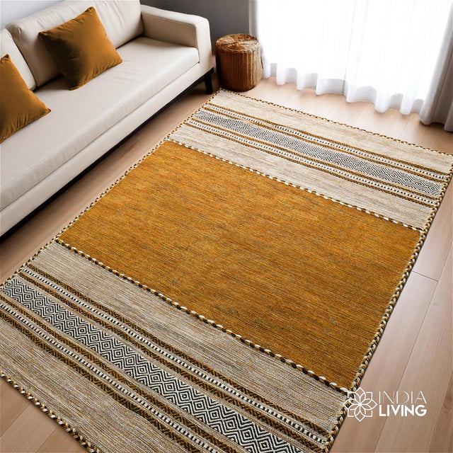 Brown cotton chenille kilim rug, flat lay view