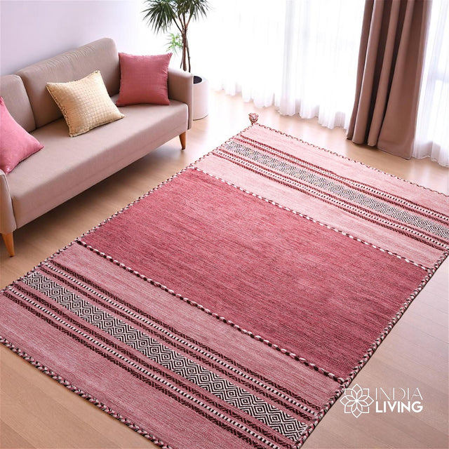 Pink diamond-pattern kilim rug, full flat view