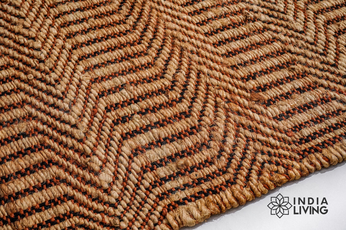 Orange chevron handwoven jute rug, full flat view