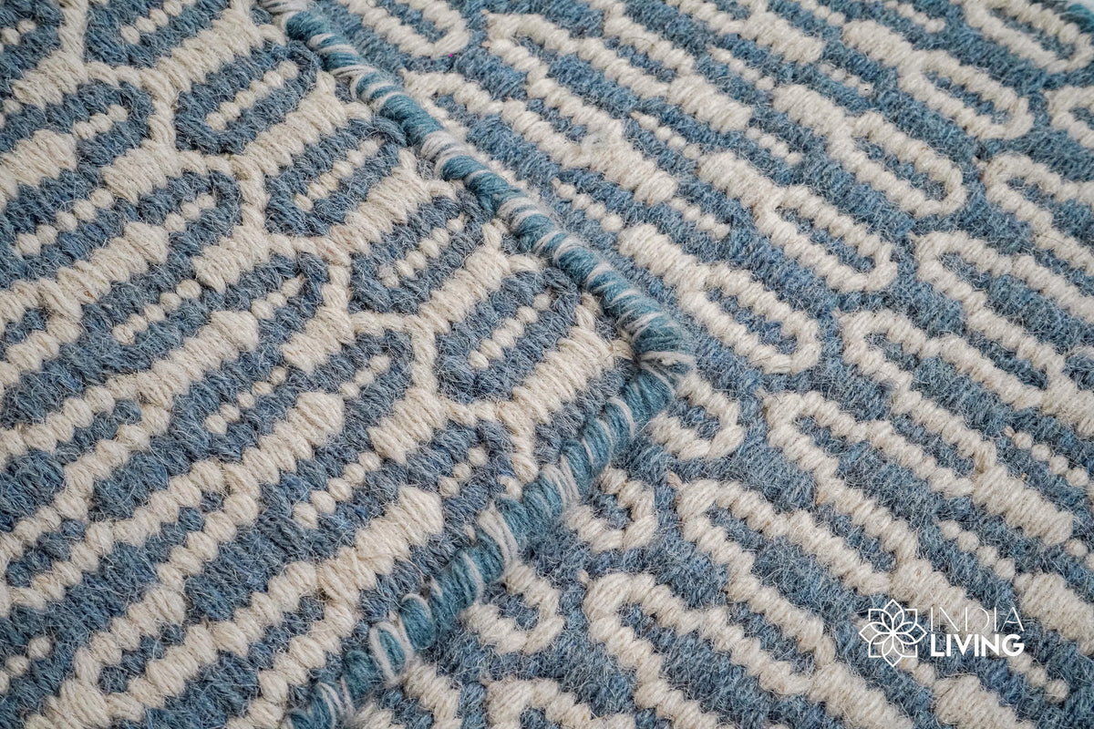 Bluish grey geometric flatweave wool rug, flat lay view