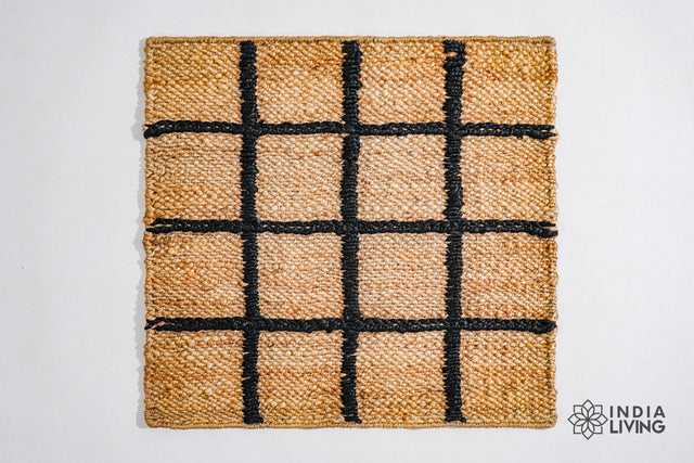 Checkered natural jute runner rug, flat lay view