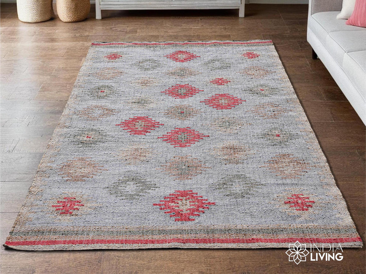 Light blue Aztec jute rug, flat lay view