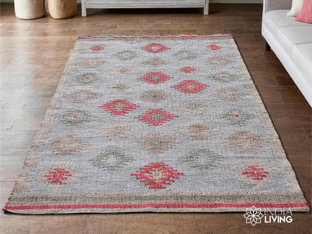 Light blue Aztec jute rug, flat lay view