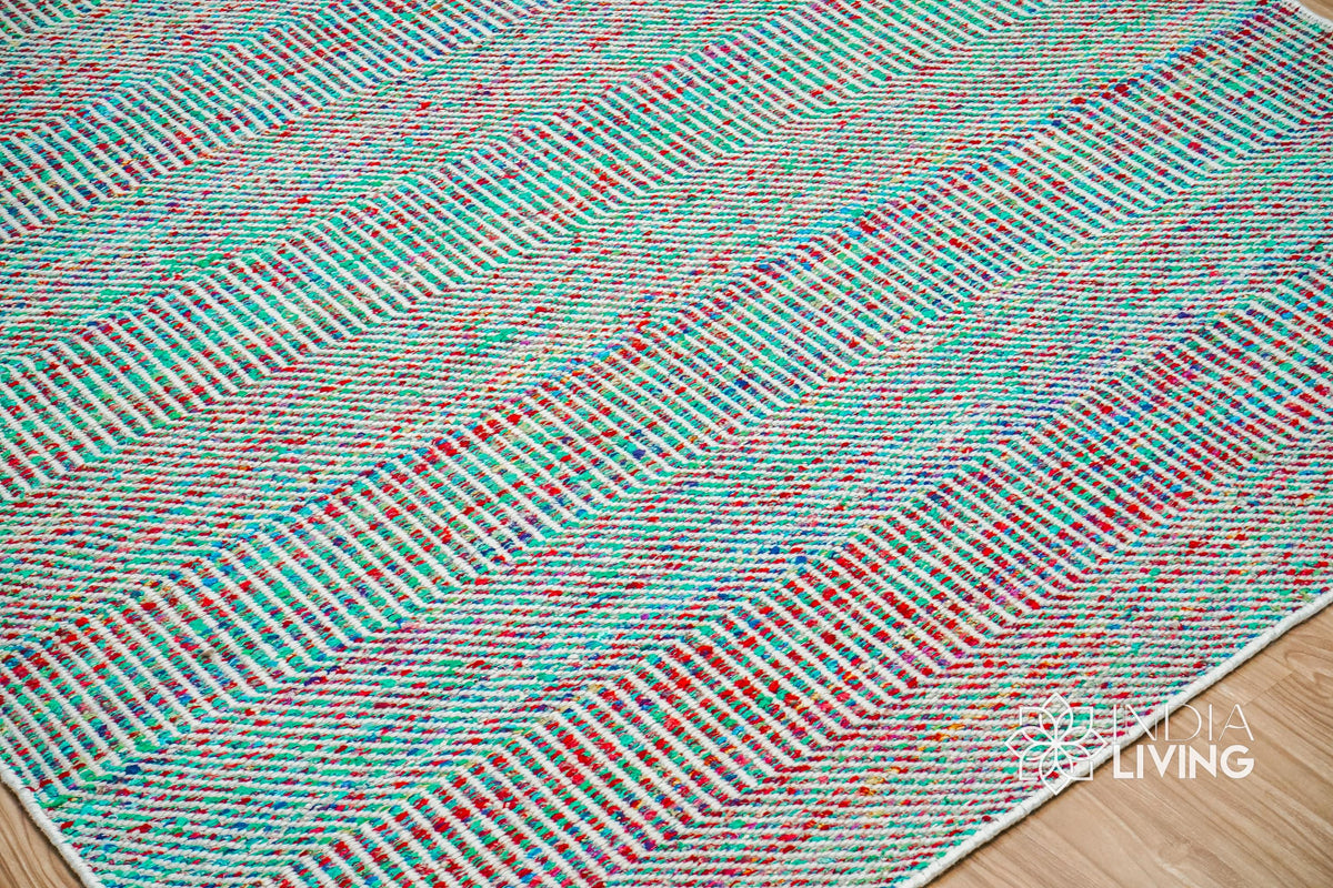 Multi blend teal wool rug full room lifestyle shot