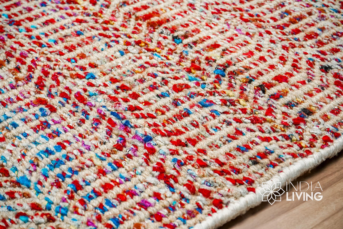 Multi blend red wool rug under a coffee table