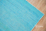 Top-down view of aqua blue wavy striped rug
