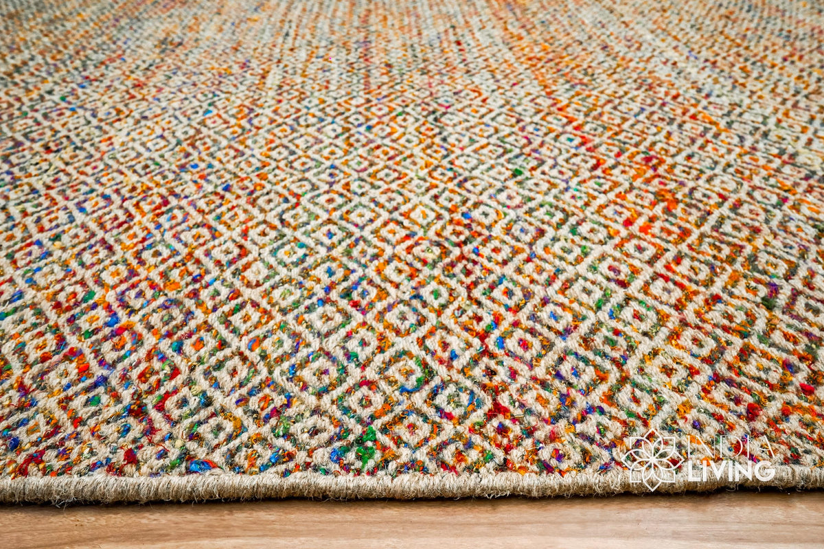 Multi blend diamond wool rug under a coffee table