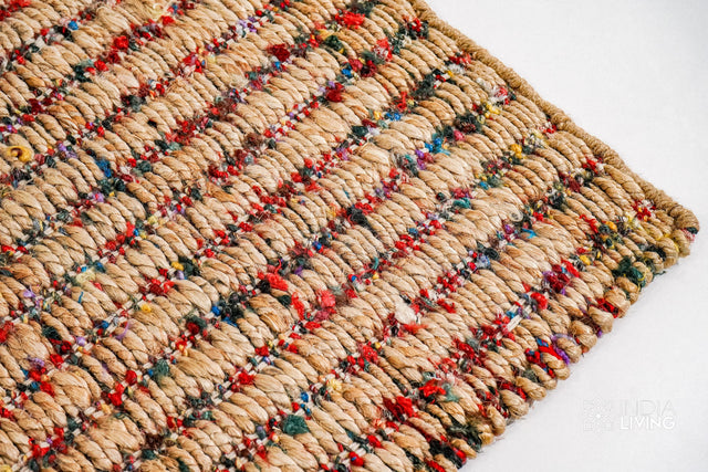 Natural multicolour ribbed jute rug, flat lay view