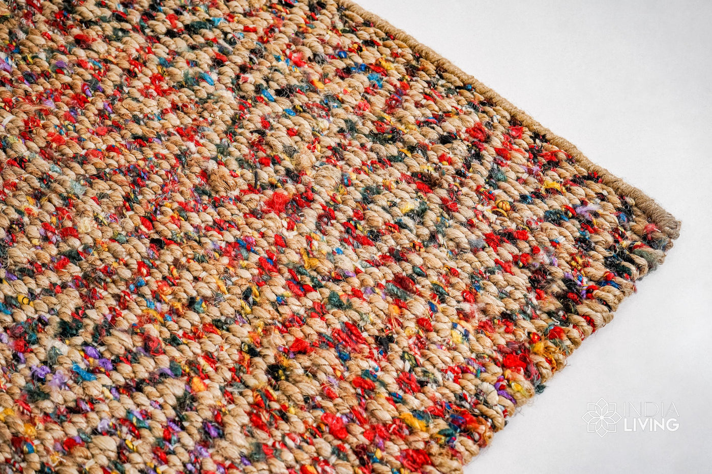 Natural multicolour diamond jute rug, flat lay view