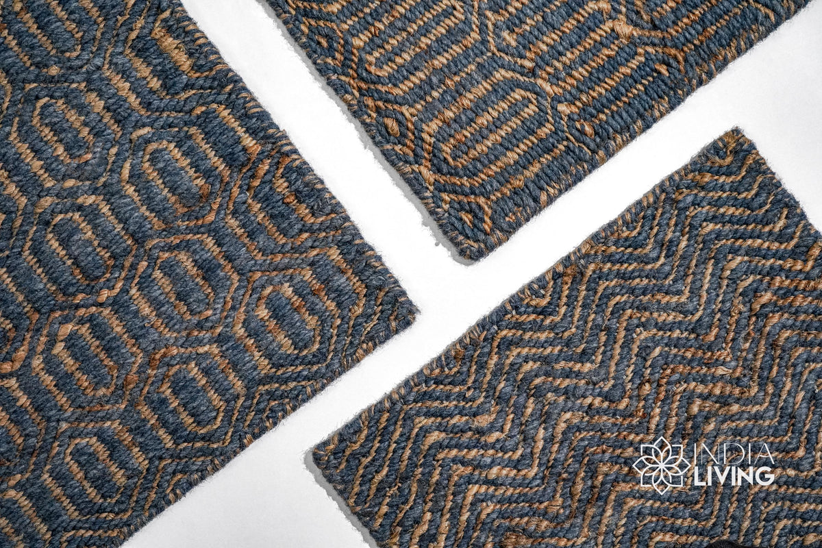 Bluish grey geometric rug full room lifestyle view