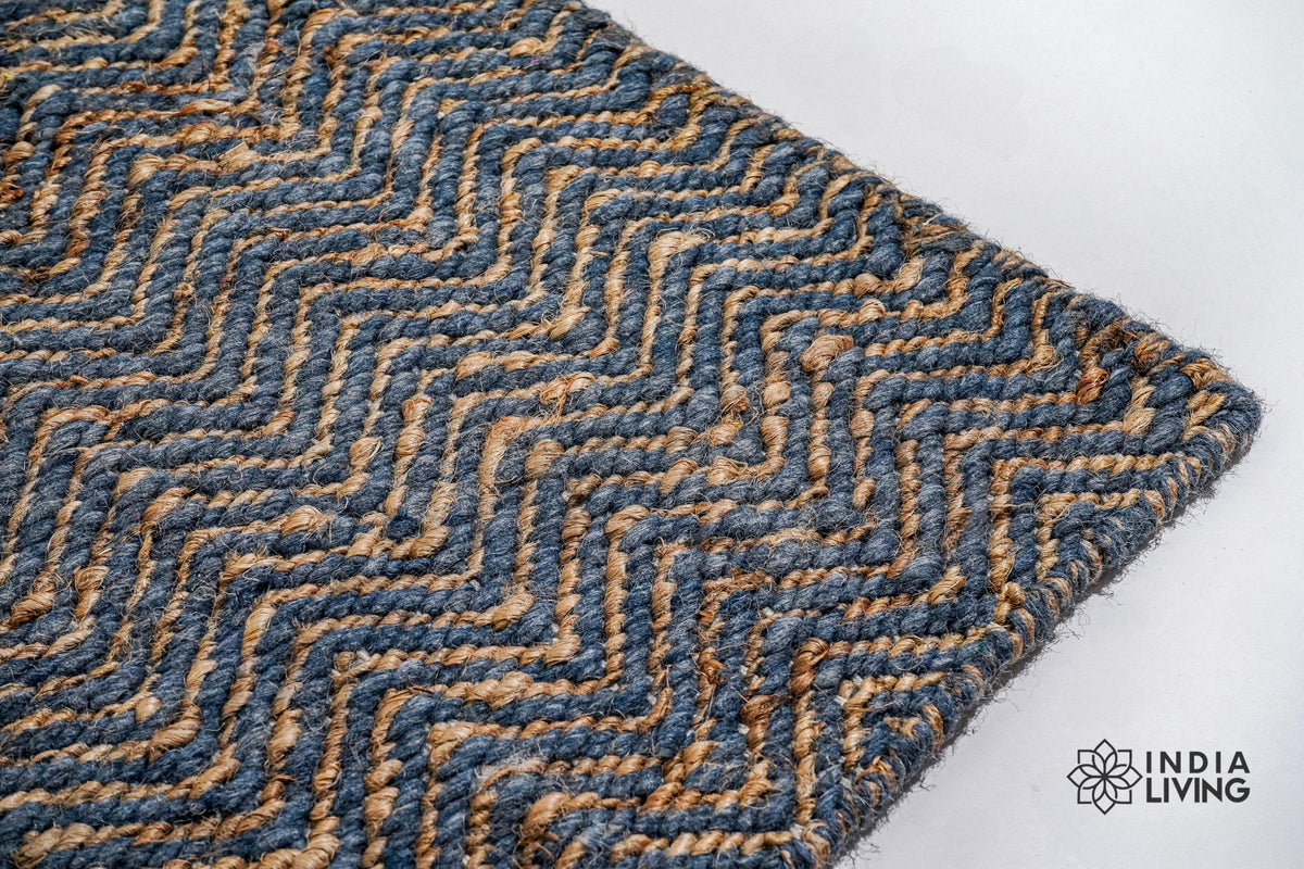 Close-up of ribbed herringbone weave texture on jute wool rug