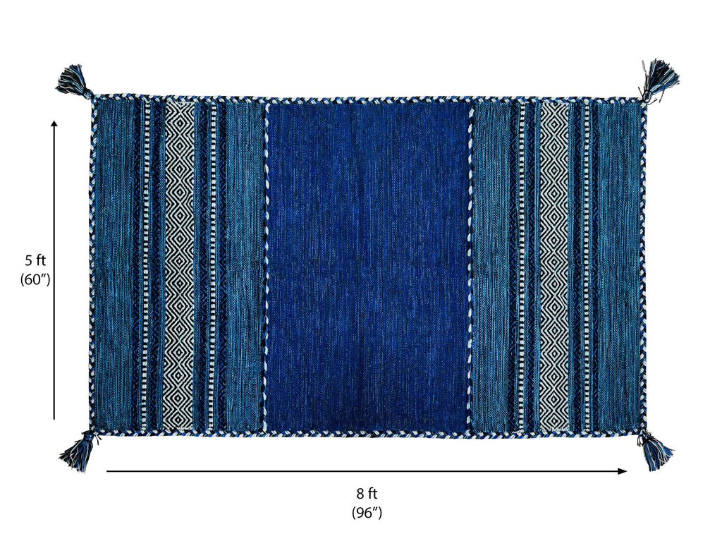 Blue Kilim Rug, Moroccan Inspired Ethnic Decor Bohemian Indian Handmade Flat weave carpet