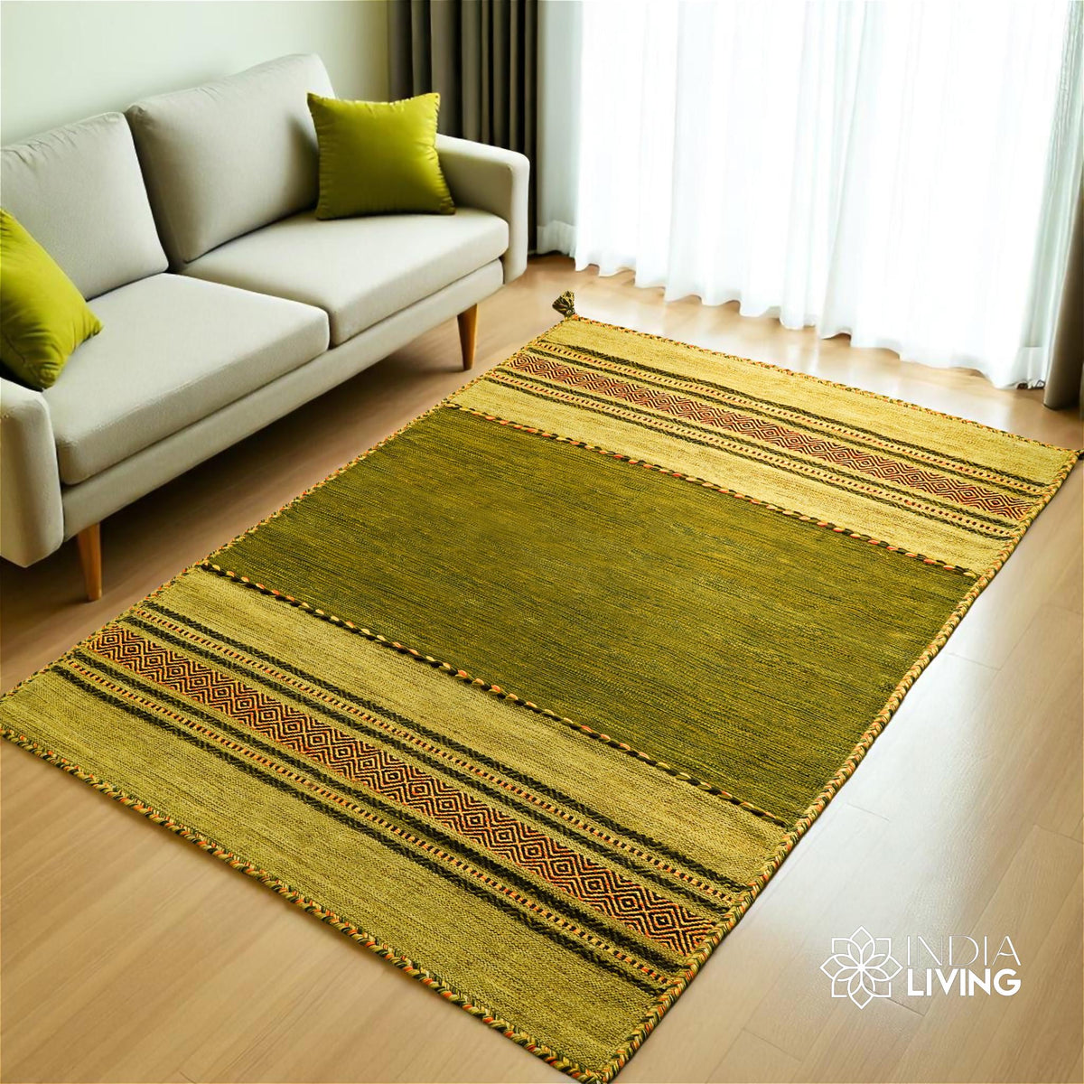 Green diamond-pattern kilim rug, full flat view