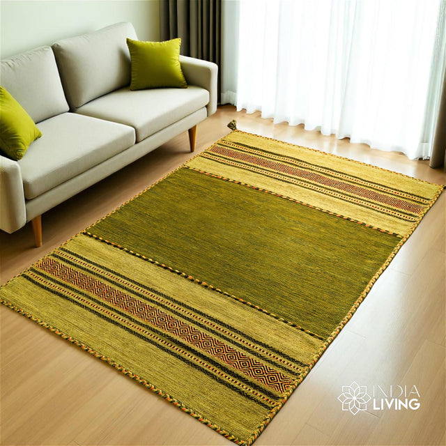 Green diamond-pattern kilim rug, full flat view