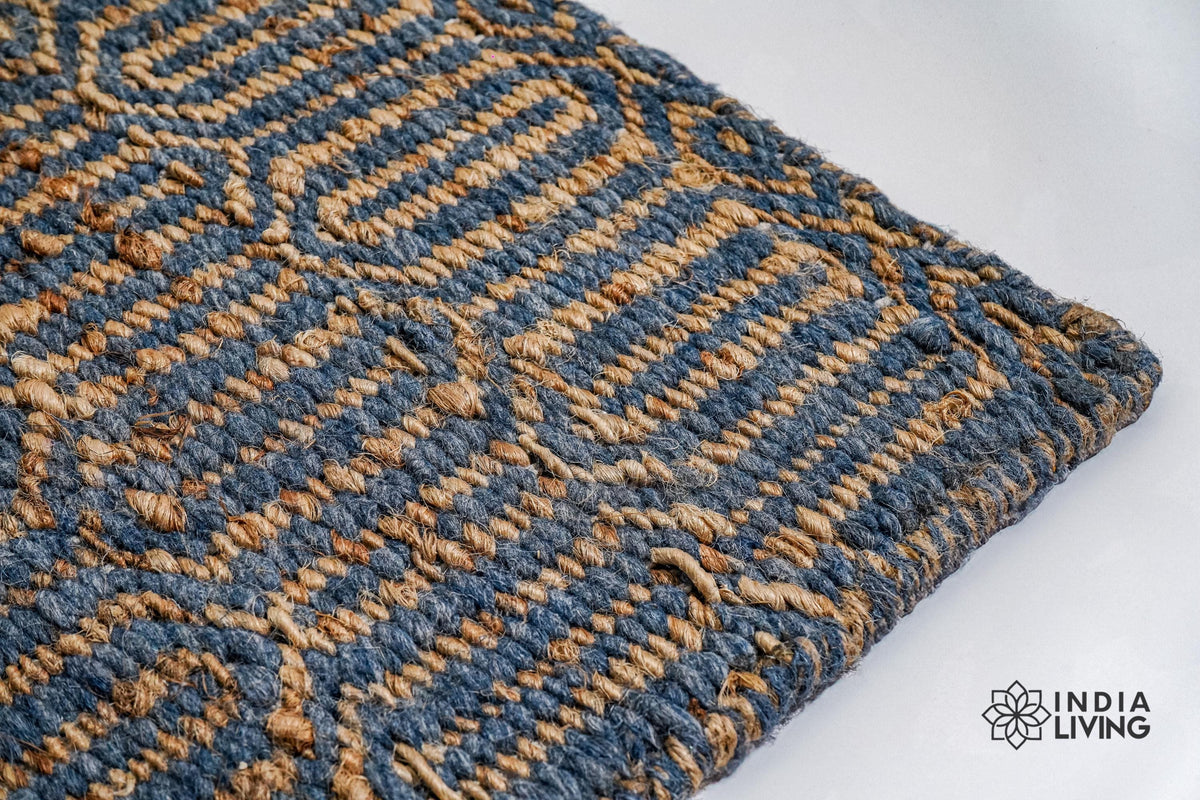 Bluish grey abstract geometric handwoven rug, full flat view