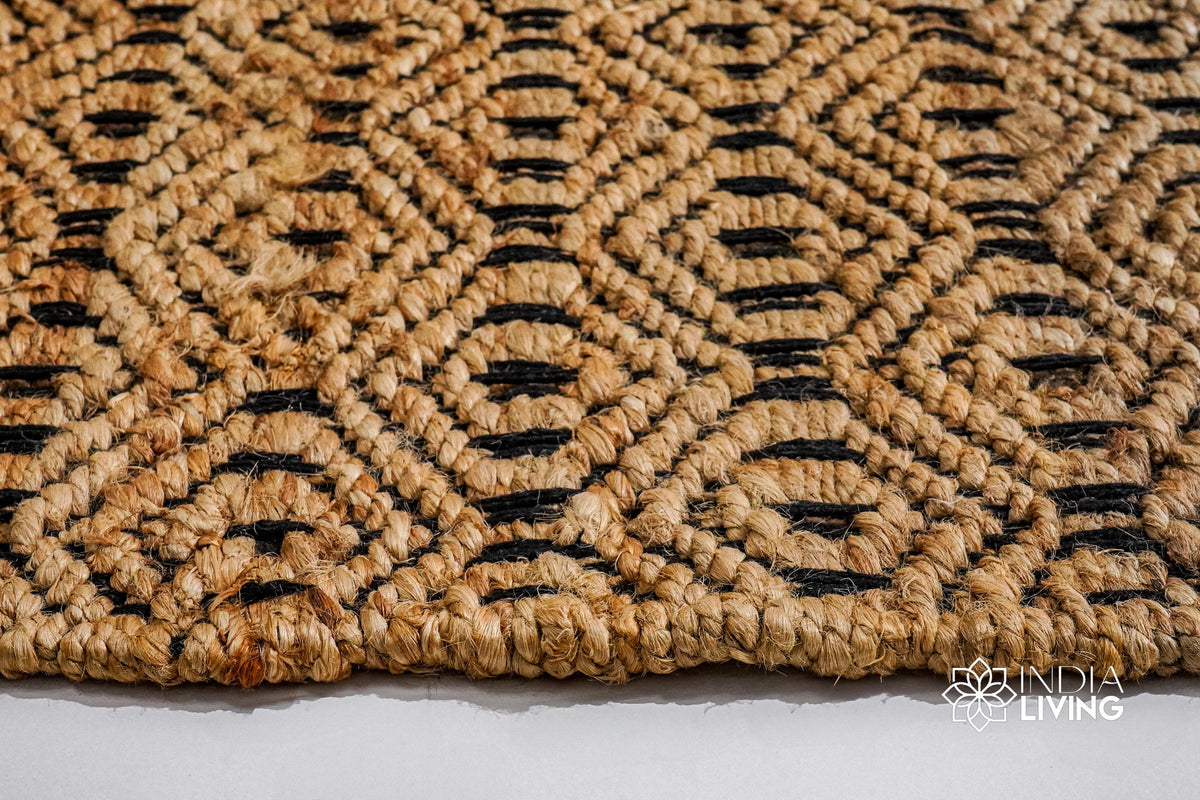 Natural jute rug corner detail showing edge binding