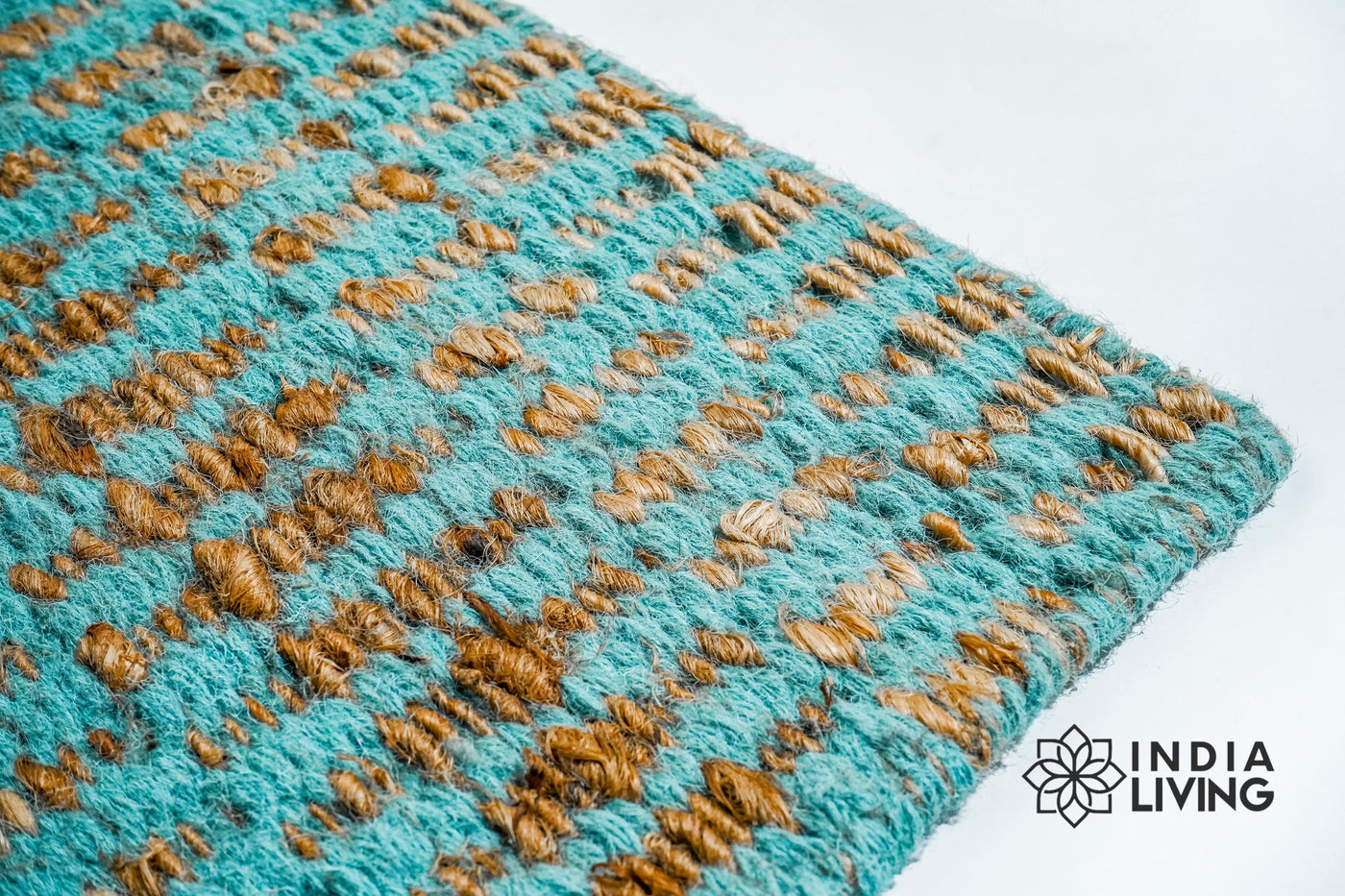 Turquoise blue abstract geometric handwoven rug, full flat view