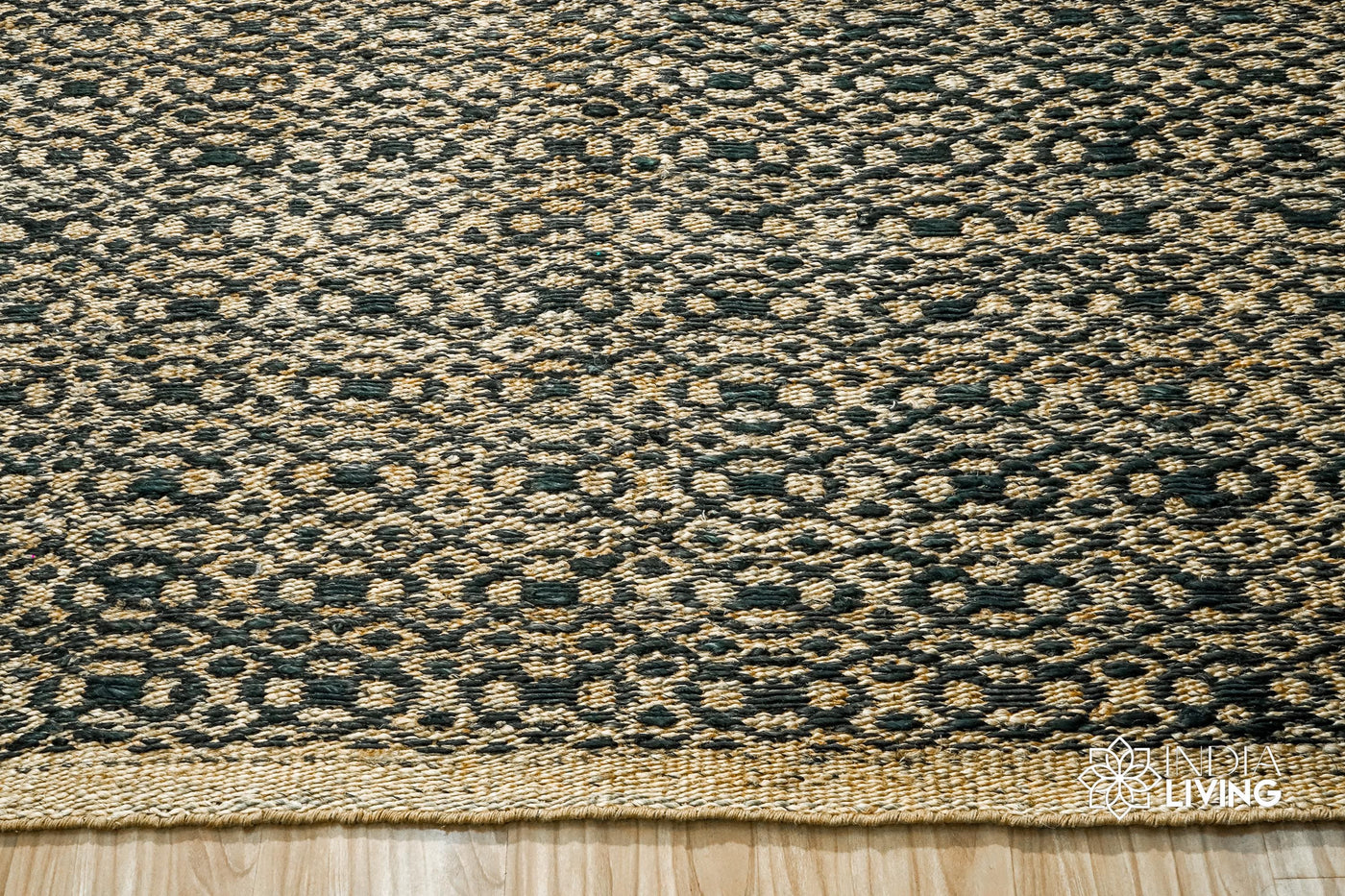 Natural black diamond twill jute rug, flat lay view