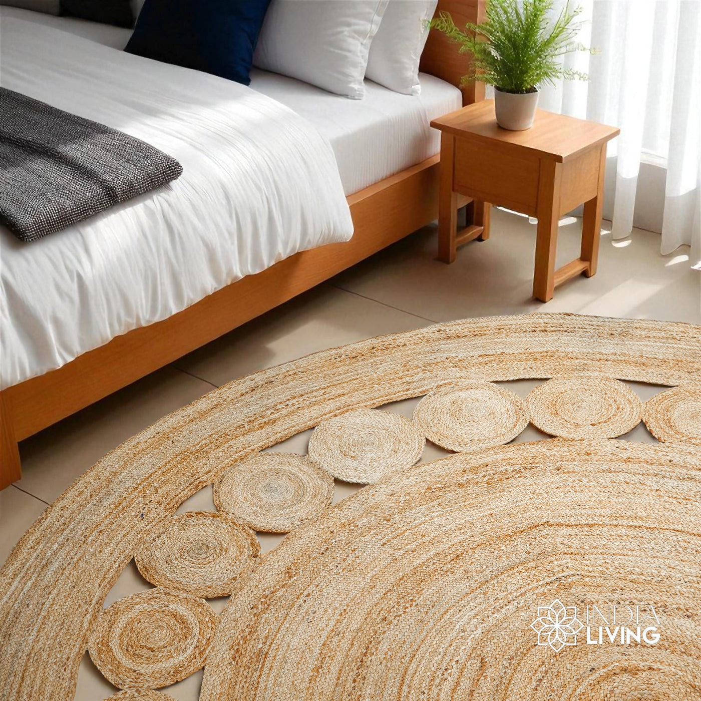 Natural round jute rug with medallion design, full flat view