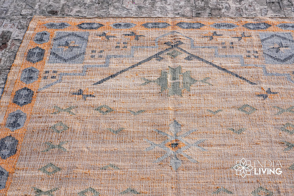 Light blue rust jute rug texture detail shot