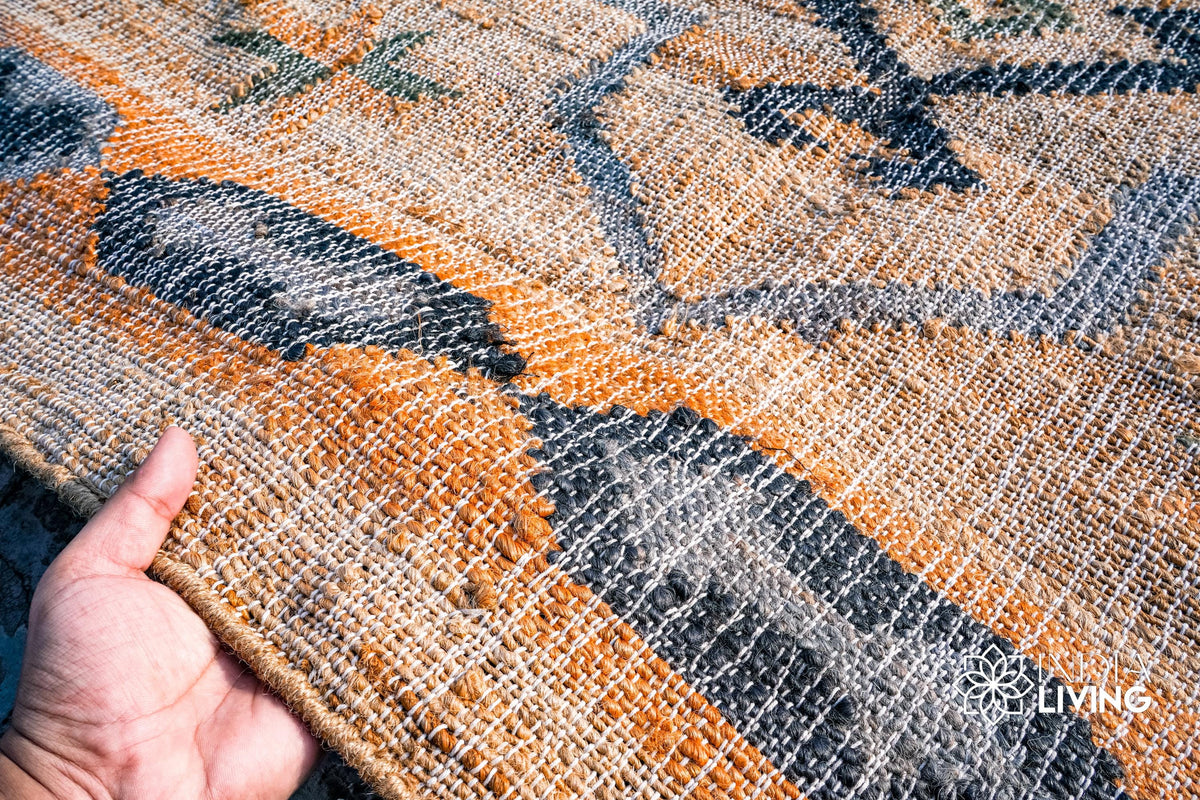 Close-up of lattice weave texture on natural jute rug