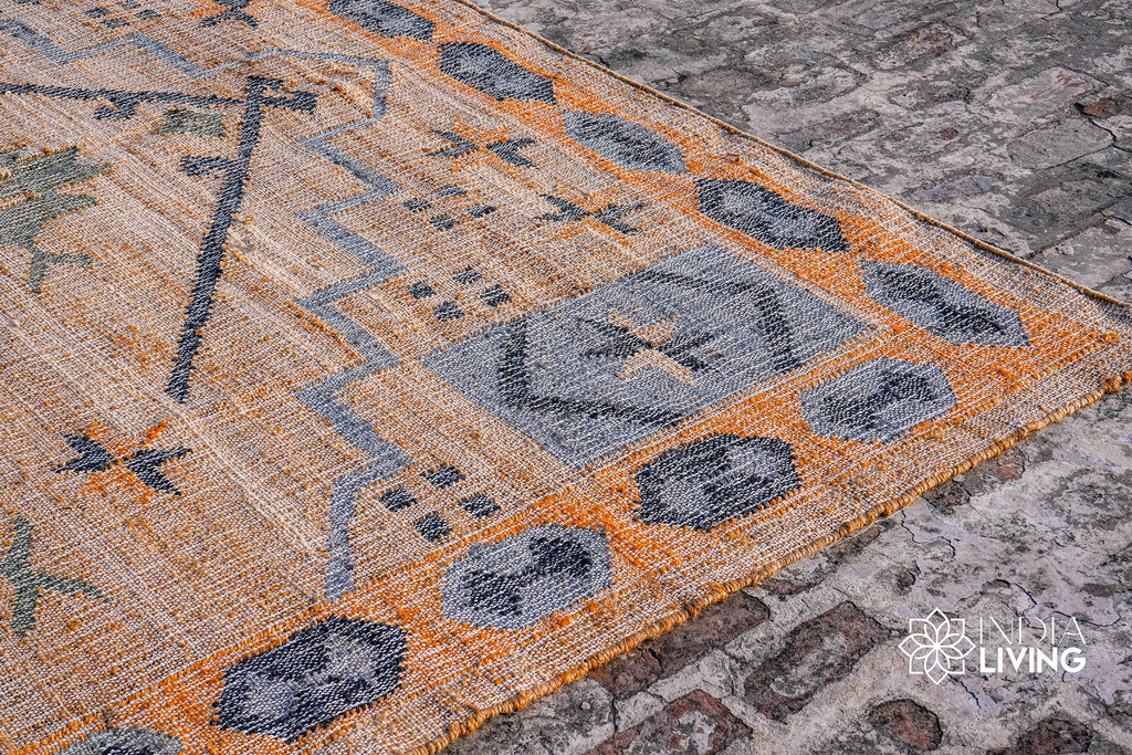 Hand woven Natural Light Blue Rust Bohemian Style Jute area Rug, Moroccan Style Scandinavian Decor Jute rug, Custom made in all sizes