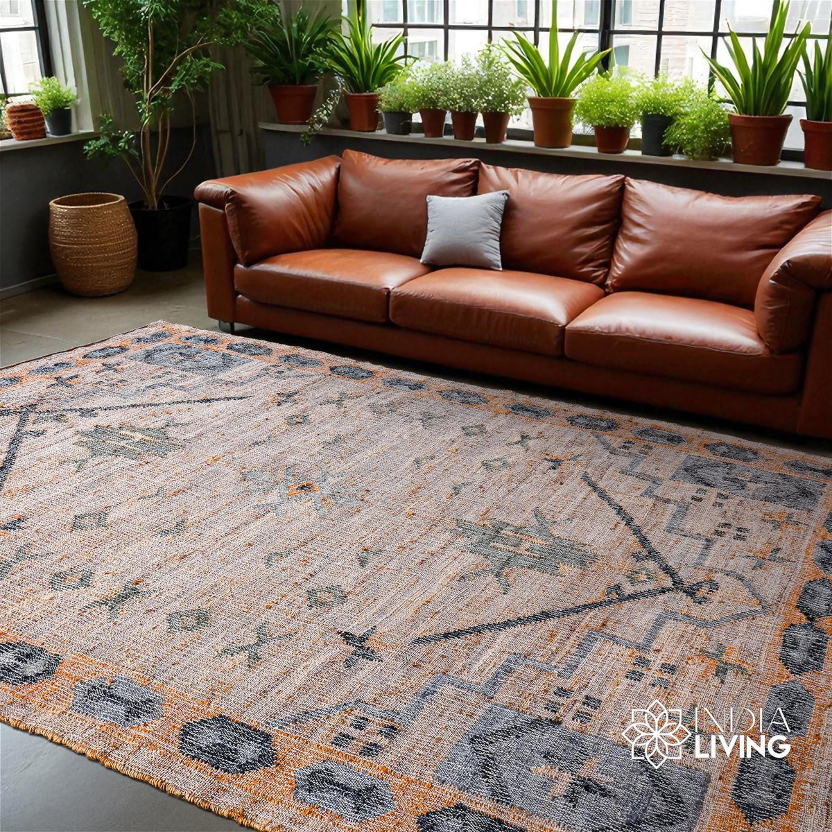 Light blue and rust Moroccan style jute rug, full flat view