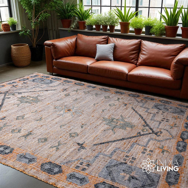 Light blue and rust Moroccan style jute rug, full flat view