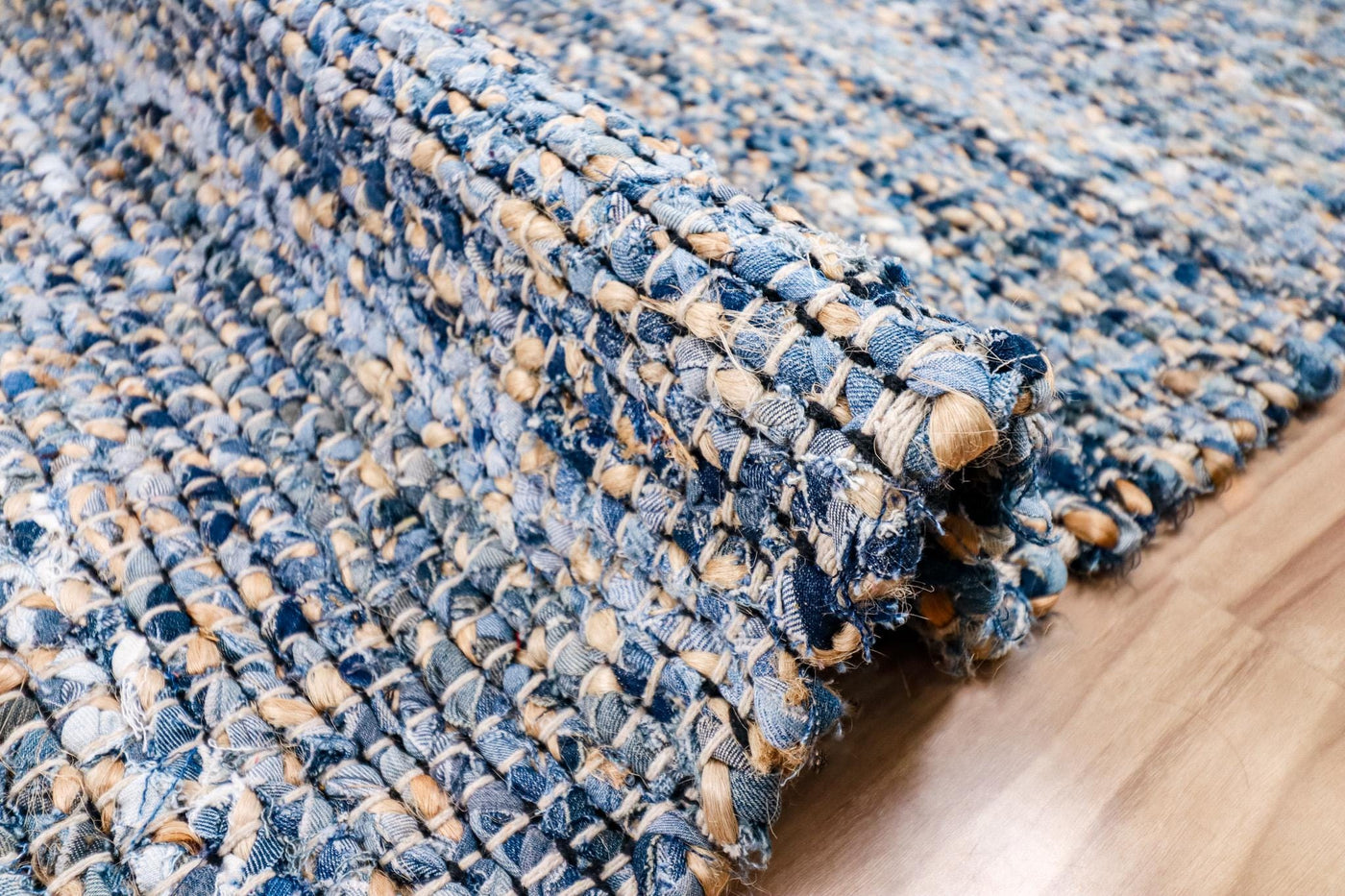 Denim chindi rag rug, full flat view