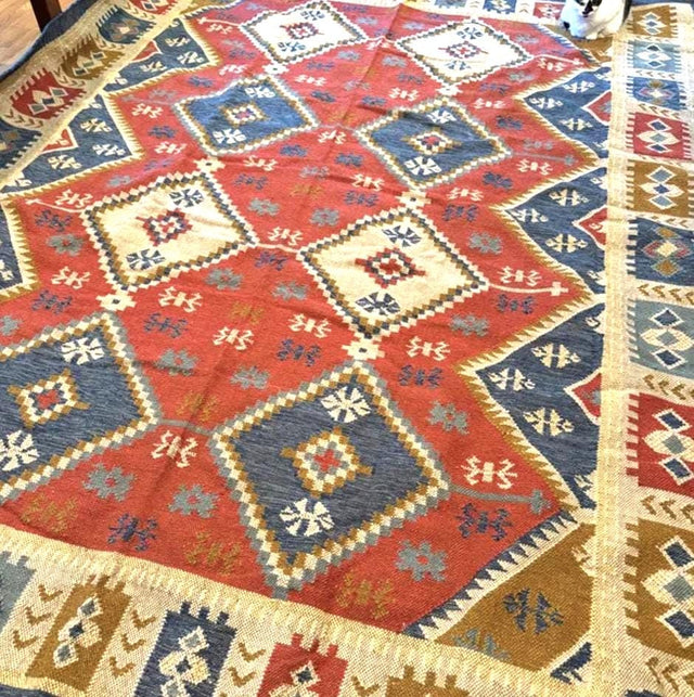 Aztec kilim rug flat view showing full geometric pattern