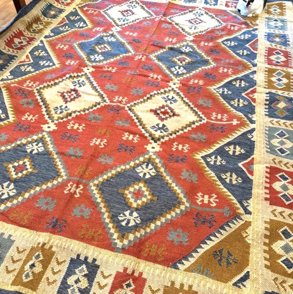 Hand woven Navajo inspired southwestern decor aztec kilim rug, Sustainable indoor & outdoor Porch decor rug, Customization available