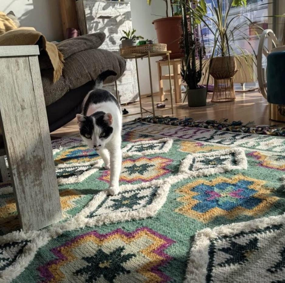 Green Moroccan kilim wool rug, flat view