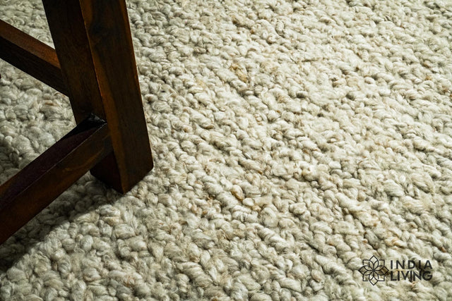 Beige wool rug styled in a living room