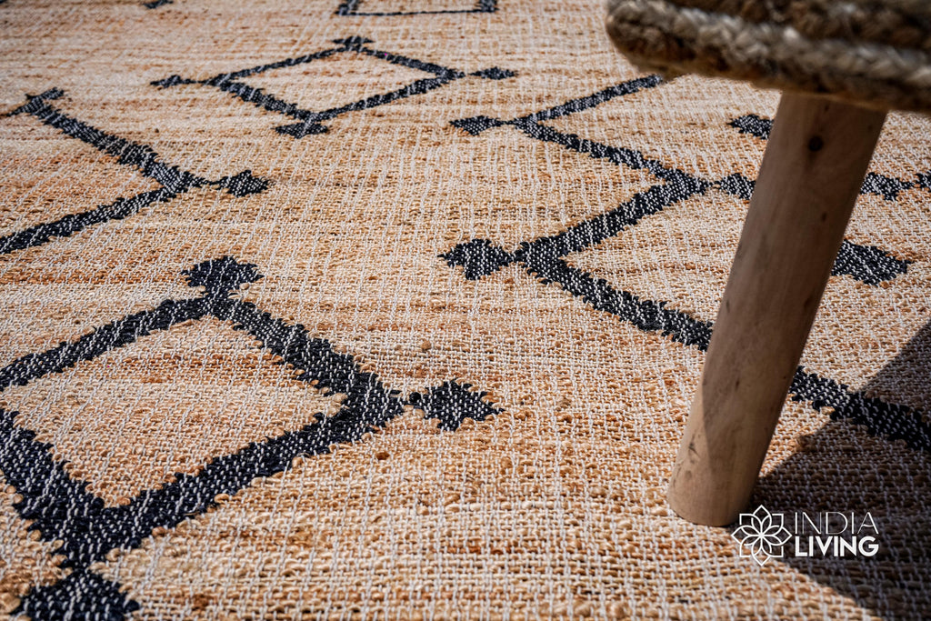 Handwoven Tribal motif Natural Bohemian Flat weave Summer room decor Jute area Rug, Custom made in all rug and runner size