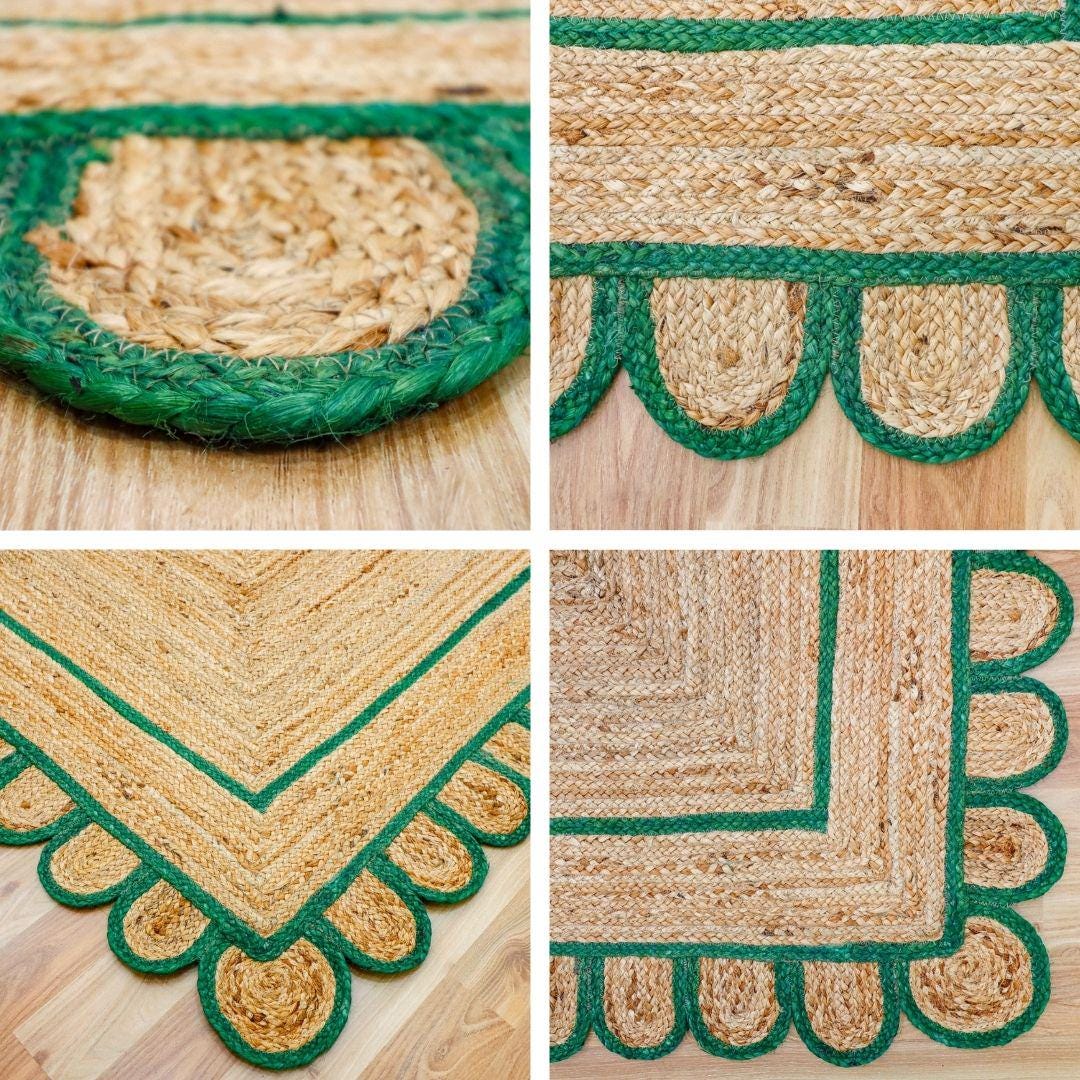 Hand braided green rug shown in an entryway setting