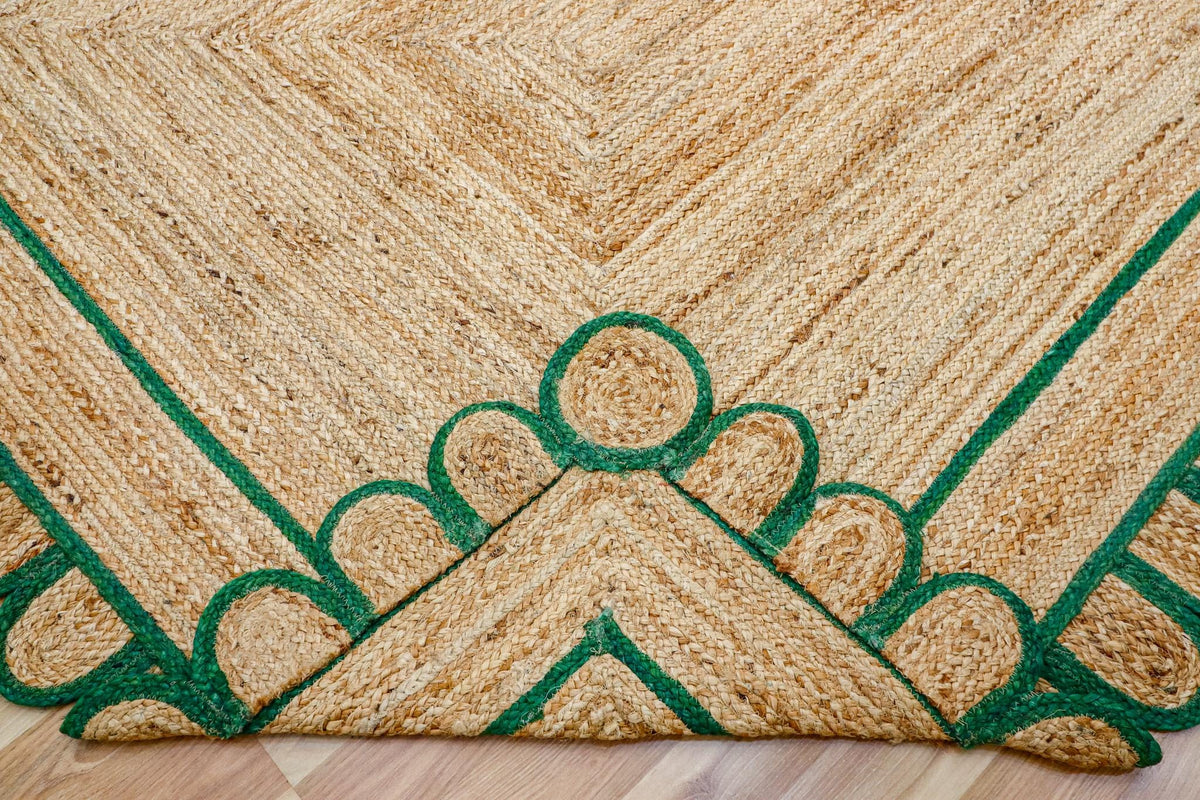 Green scallop jute runner styled in a hallway