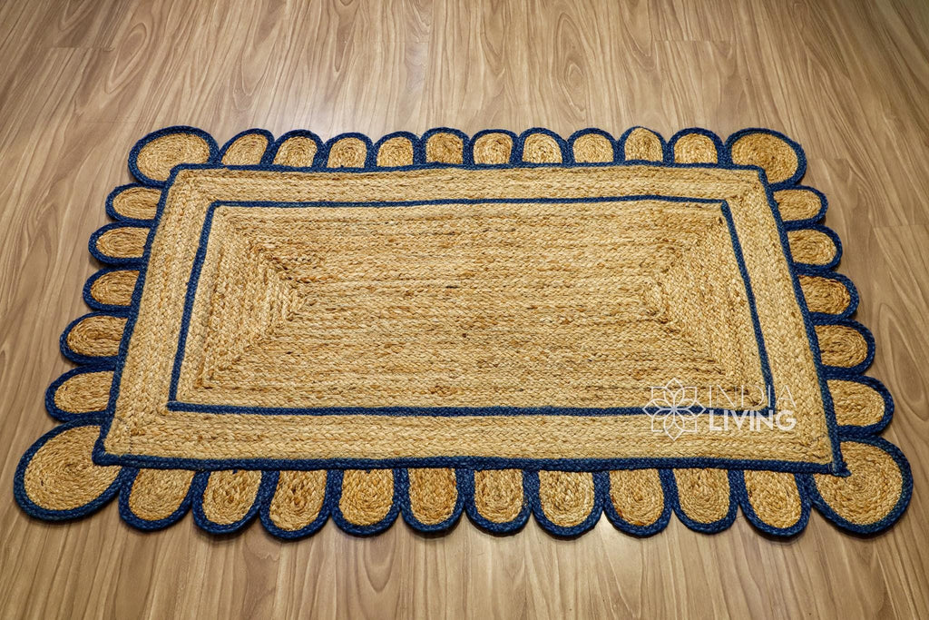 Natural Navy Blue Scallop Hand Braided Jute Rug, Custom made Sustainable Eco-friendly Bohemian Decor runner rug, Custom made in any size