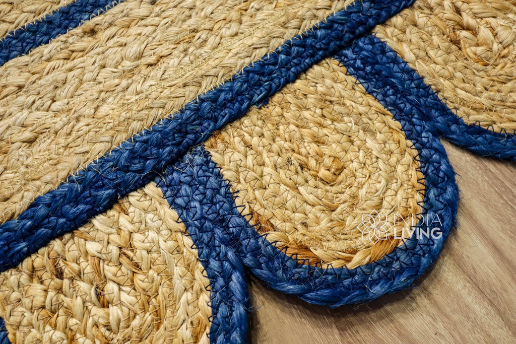 Natural Navy Blue Scallop Hand Braided Jute Rug, Custom made Sustainable Eco-friendly Bohemian Decor runner rug, Custom made in any size