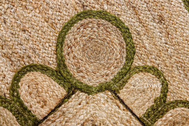 Olive green scallop jute runner styled in a hallway