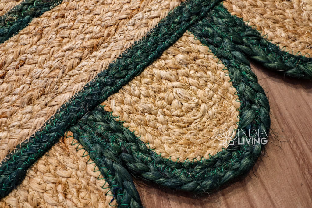Natural Dark Green Scalloped Jute Rug, Custom hand Braided Sustainable Eco-friendly Bohemian Decor runner rug, Custom made in any size