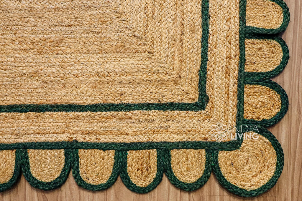 Natural Dark Green Scalloped Jute Rug, Custom hand Braided Sustainable Eco-friendly Bohemian Decor runner rug, Custom made in any size